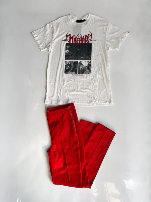 Foto 1 de Conjunto: remera blanca gráfica + pantalón rojo
